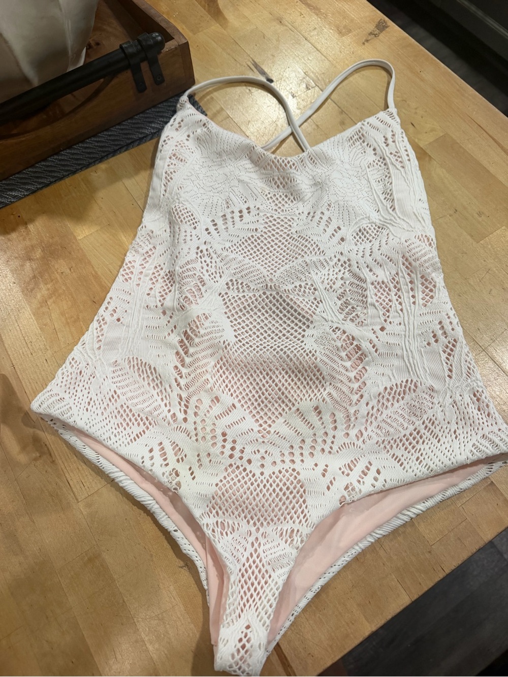 Mara Hoffman White Crochet One-Piece Swimsuit with Blush Lining